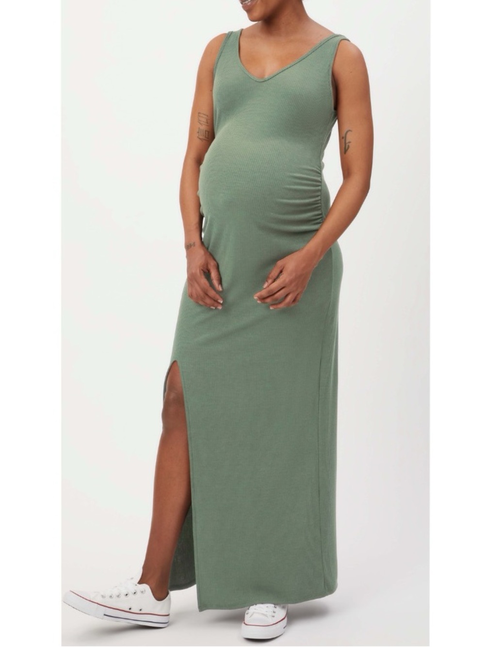 Stowaway Collection Maxi Ribbed Maternity Dress Sage Green Leg Slit Sleeveless L